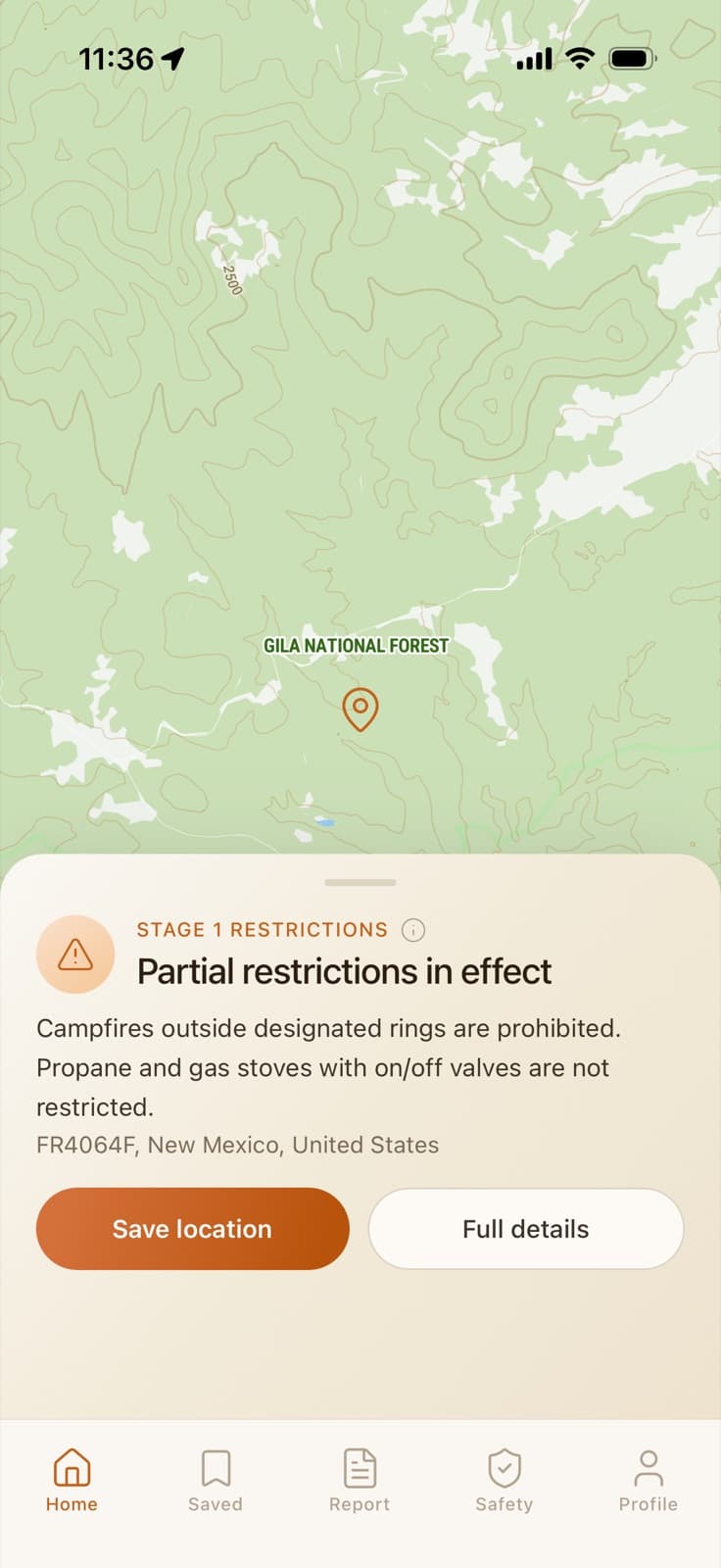 Smart Spark: campfire restriction check screen