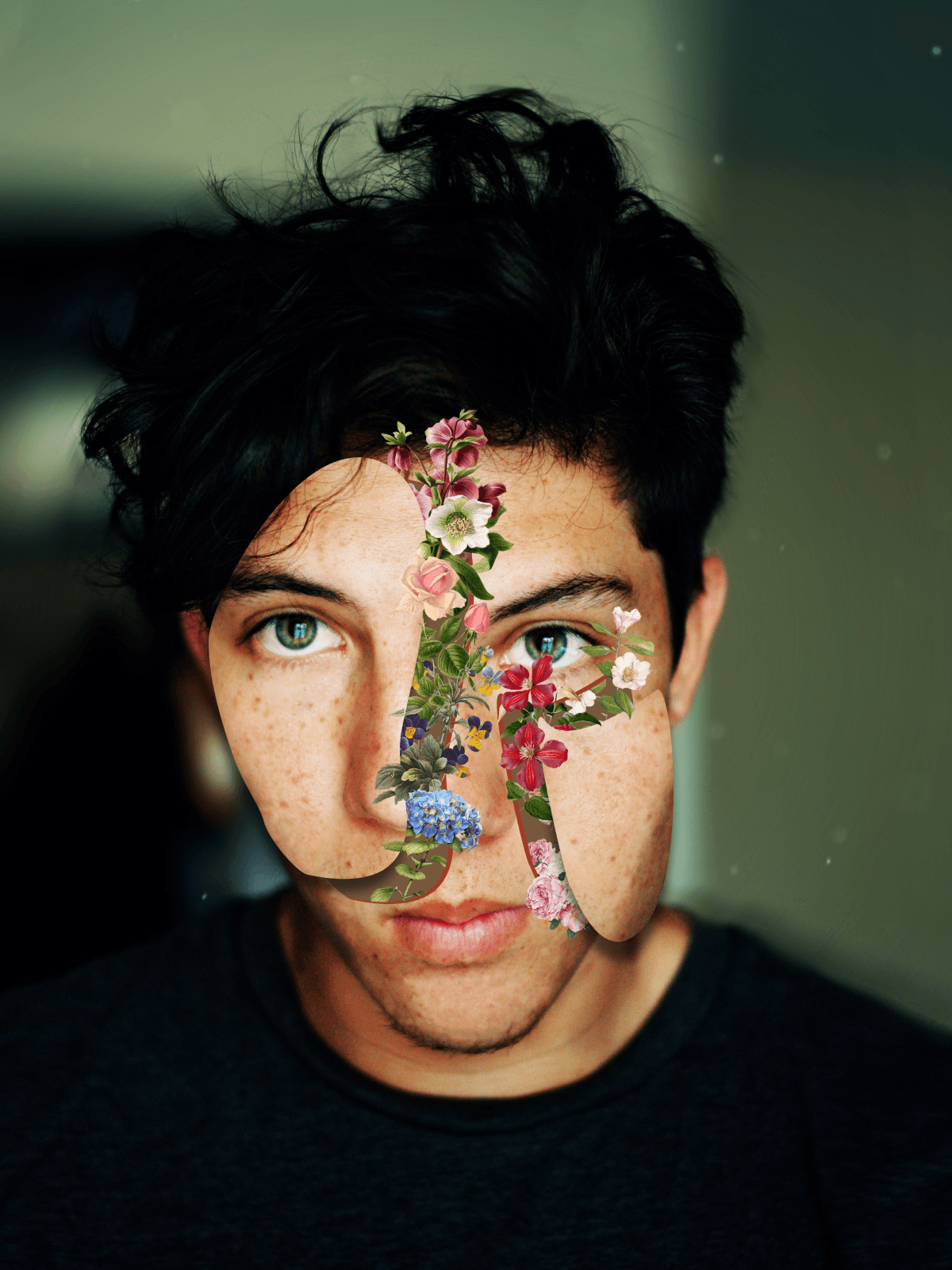 Portrait collaged with illustrated flowers across the face