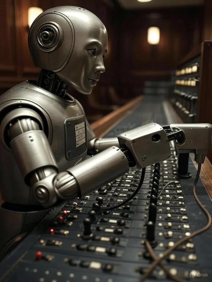 A humanoid robot operating a vintage telephone switchboard.