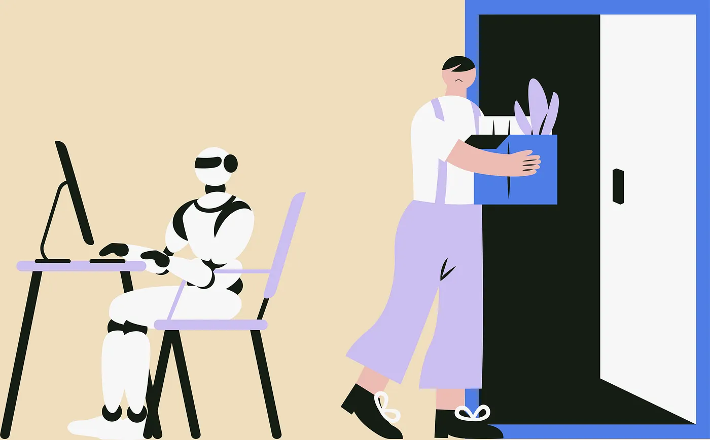 Illustration of a robot working at a desk while a person carries a box of belongings out the door.
