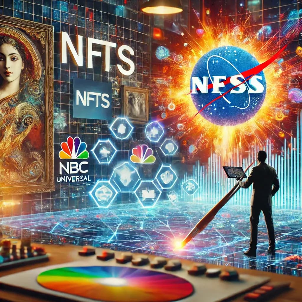 Collage of NFT artwork, the NBCUniversal logo, and a silhouetted figure painting a glowing digital line across a media control panel.